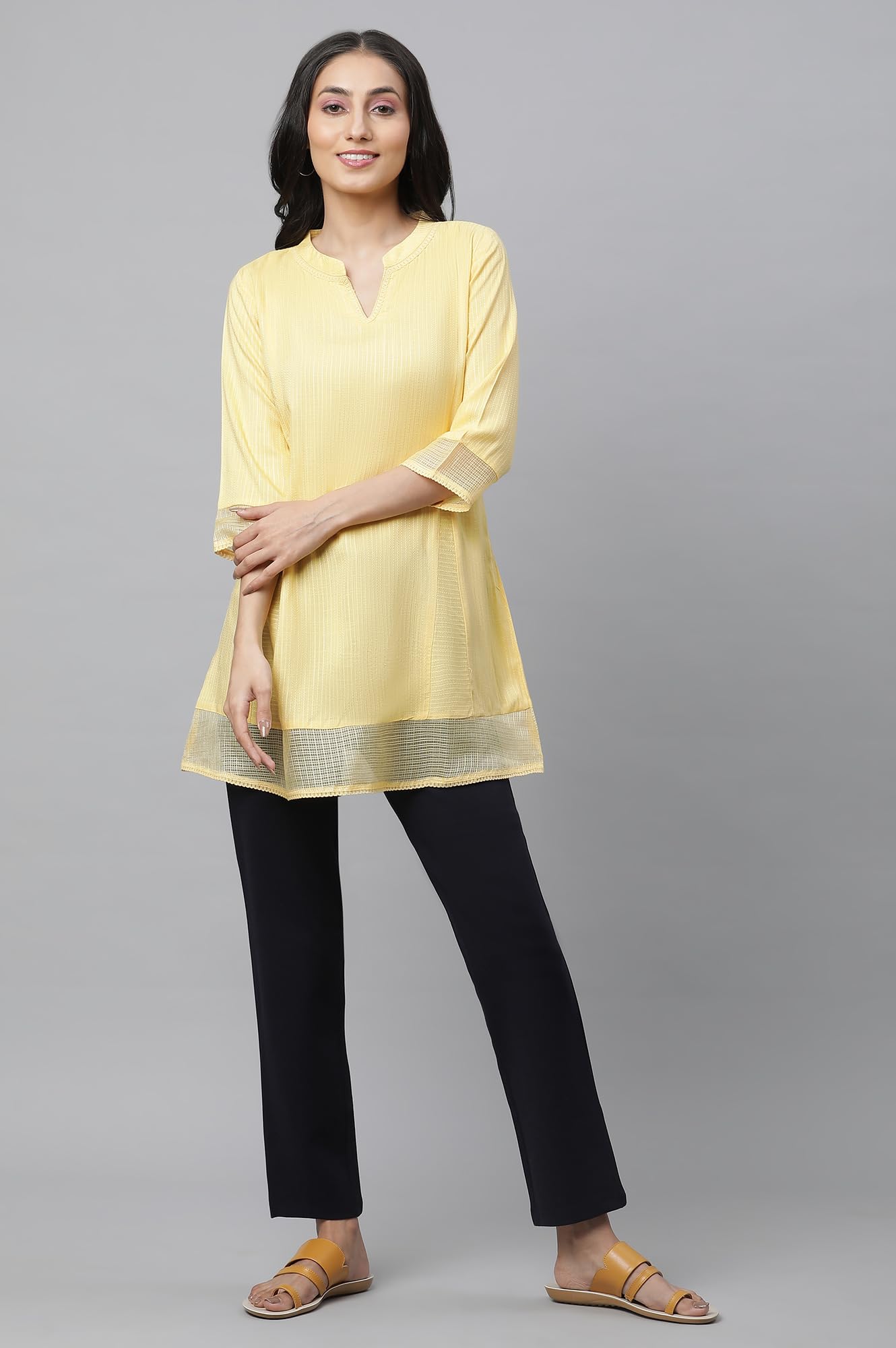 Aurelia Womens Solid A-Line Kurti | V-Neck Kurti for Women | Solid Kurti for Women | Beautiful Regular Fit Kurti for Women Yello