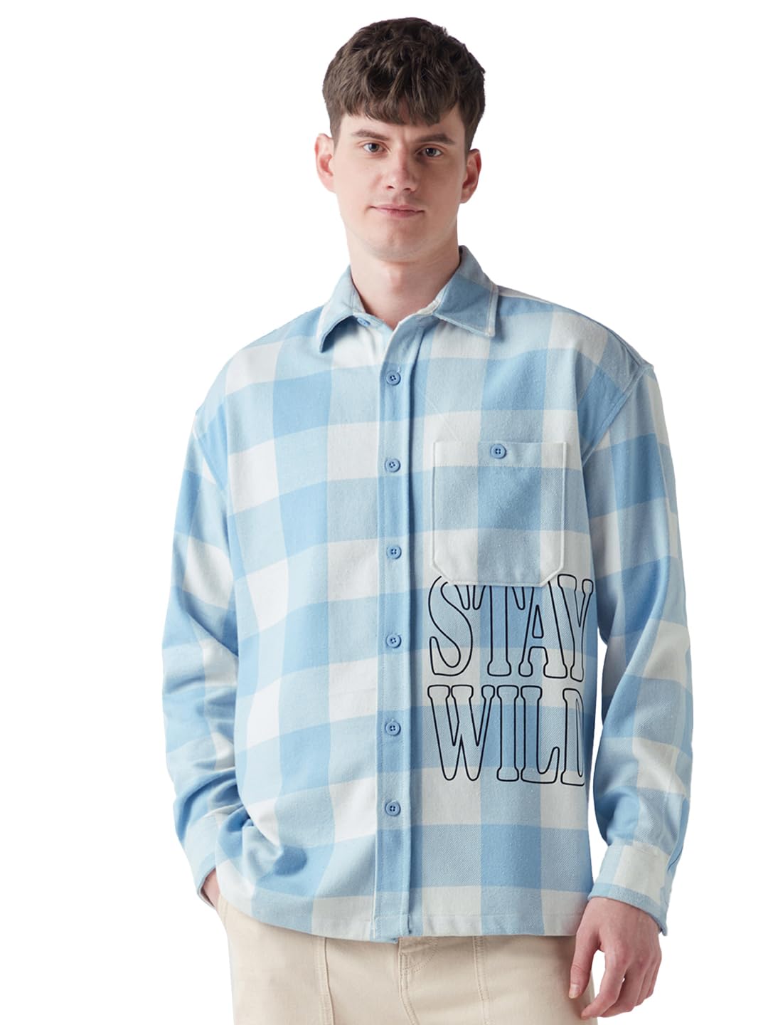 Bewakoof Men Checked Oversized Fit Full Sleeve Collar Cotton Shirt_649876_Blue_XL