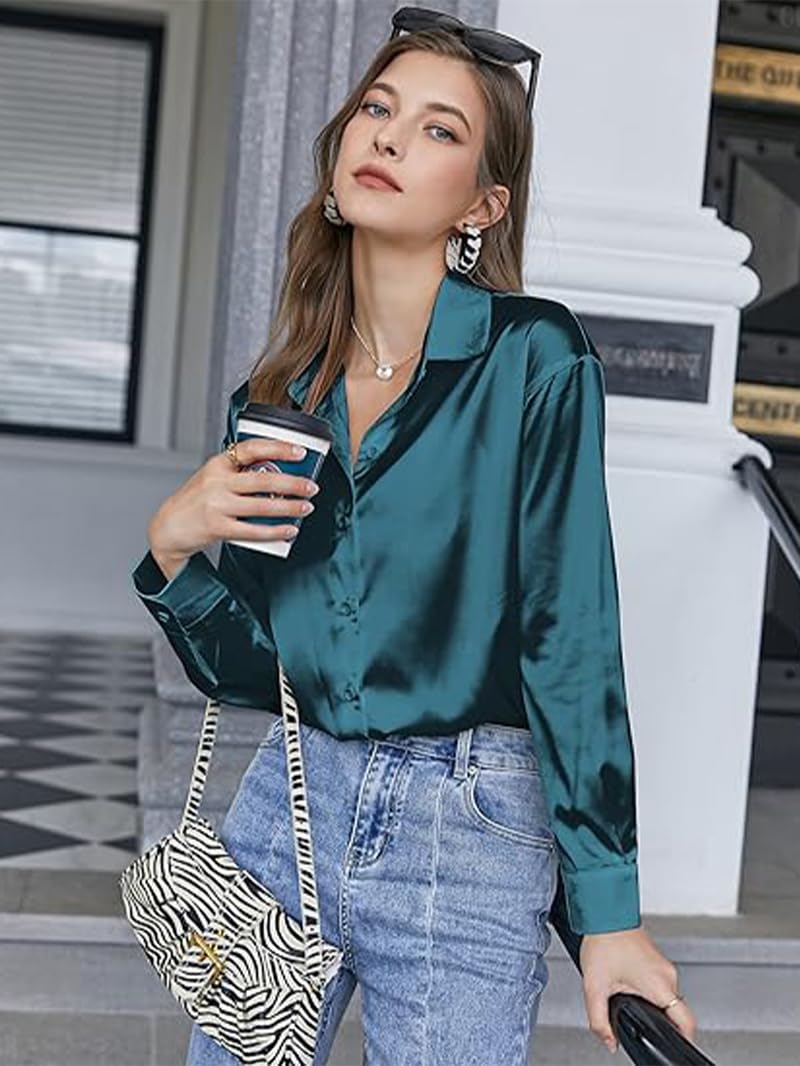 CB-COLEBROOK Womens Blouse Satin Silk Stylish Shirts Button Down Solid Shirts Casual Loose Long Sleeve Office Work Tunic Wester
