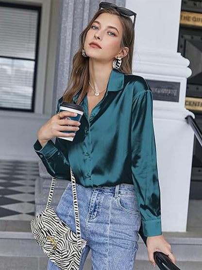 CB-COLEBROOK Womens Blouse Satin Silk Stylish Shirts Button Down Solid Shirts Casual Loose Long Sleeve Office Work Tunic Wester