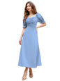 Shasmi GirlS & WomenS Solid Light Blue A-Line Ruched Puff Sleeve Maxi Long Evening One Piece Long Dress For Women Stylish (Dre