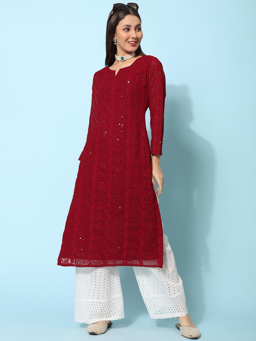 Gufrina WomenS Georgette Straight Kurta Palazzo With Notch Neck 3/4Th Sleeves Solid Pattern Chikankari Work Calf Length And Reg