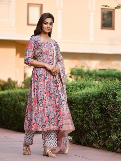 Pinkmint Abstract Printed Anarkali Kurta & Stright Kurta with Fancy Dupatta Set for Women Pink