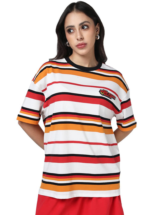 Bewakoof Heavy Duty 1.0 Womens Striped Oversized Fit Half Sleeve Round Neck Cotton Terry T-Shirt_1500780_White_M