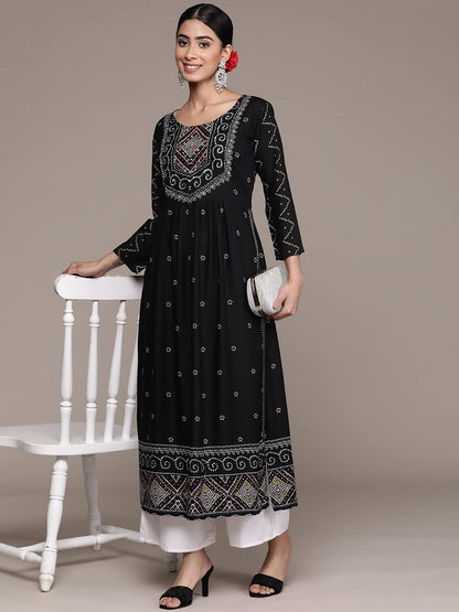 ishin Women's Viscose Rayon Ethnic Motifs Off White Beads and Stones A-Line Kurta