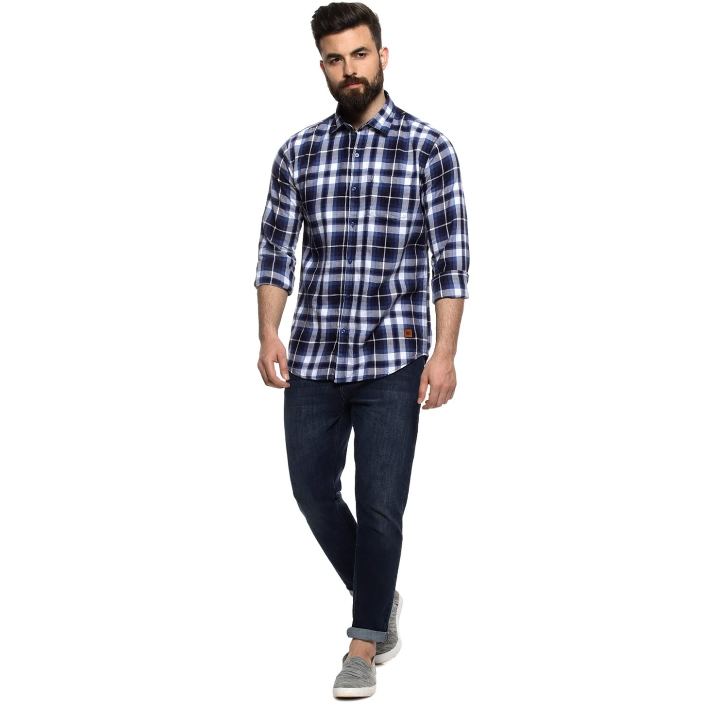 Campus Sutra Mens Full Sleeve Regular Fit Shirt for Casual Wear|Blue|White|Chequered|Front Spread Collar Detail|Shirt Crafted w