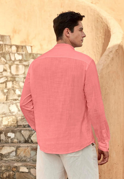 Zombom MenS Solid Cotton Blend Straight Kurta Shirt, Regular Fit Full Sleeve Short Kurta Shirt Peach