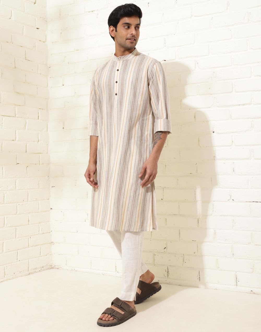 Fabindia MenS Cotton Striped Relaxed Kurta (1037123Off White_Off