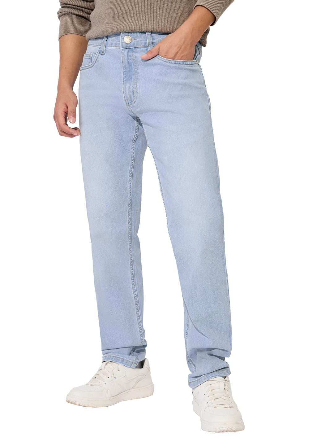 The Souled Store DenimOriginals: Light Wash Blue Men and Boys Buttoned Solid Cotton Blend Slim Fit Jeans
