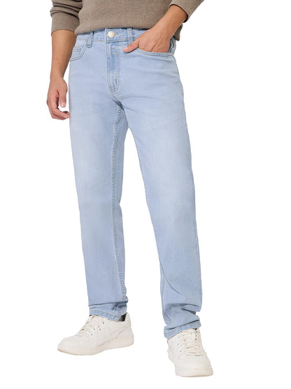 The Souled Store DenimOriginals: Light Wash Blue Men and Boys Buttoned Solid Cotton Blend Slim Fit Jeans