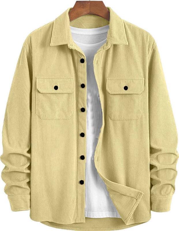 Deelmo MenS Full Sleeve Corduroy Shirt | Stylish Textured Casual Button-Down Shacket For Autumn Winter | Dual Pocket Front Desig