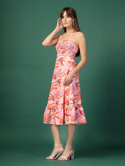 Oomph! WomenS Western & Fusion Wear Printed Crepe Dress For Women, Smocked Bodice, Orange - Md1056
