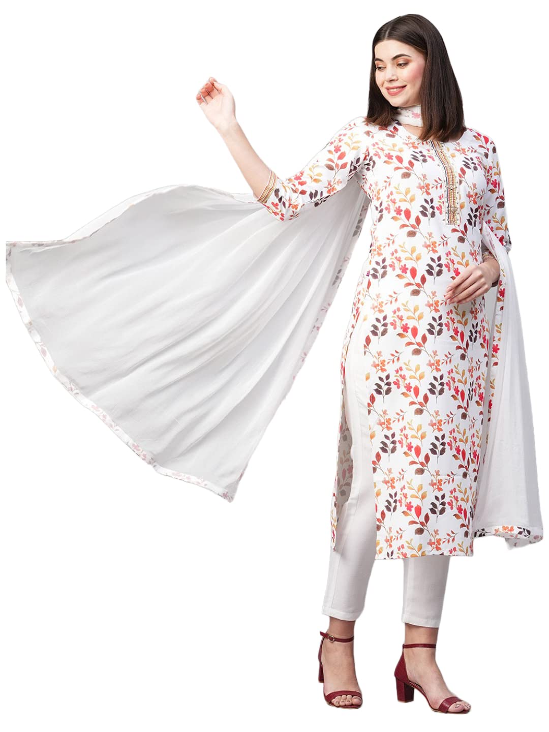 ANNI DESIGNER Womens Cotton Blend Printed Kurta and Pant with Dupatta Set (KALEPING-White_XL_White_X-Large)