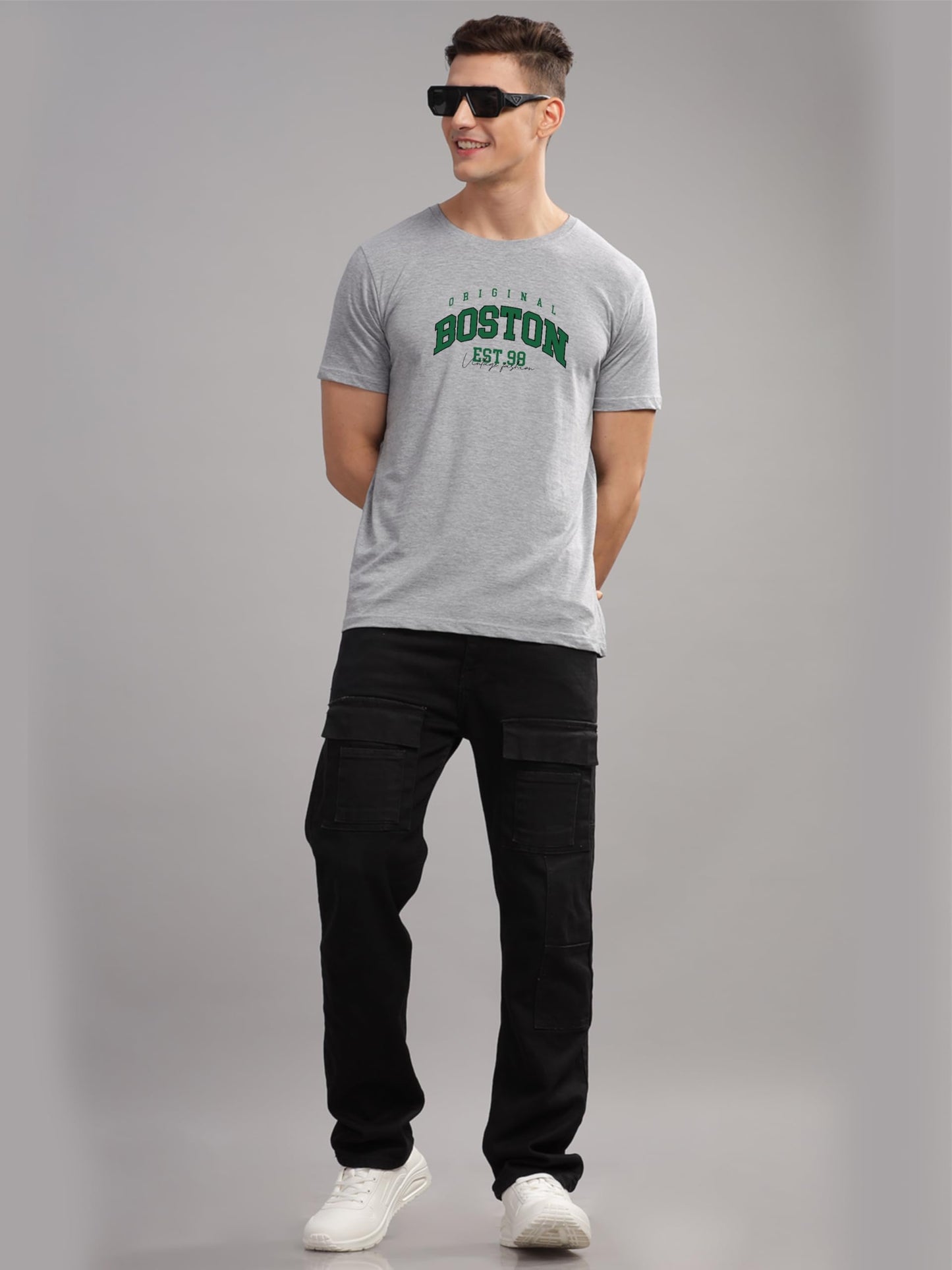ADRO Mens Printed T Shirt - Premium Cotton Graphic Printed Tshirt - Grey T-Shirt - RN24-BOST-GR