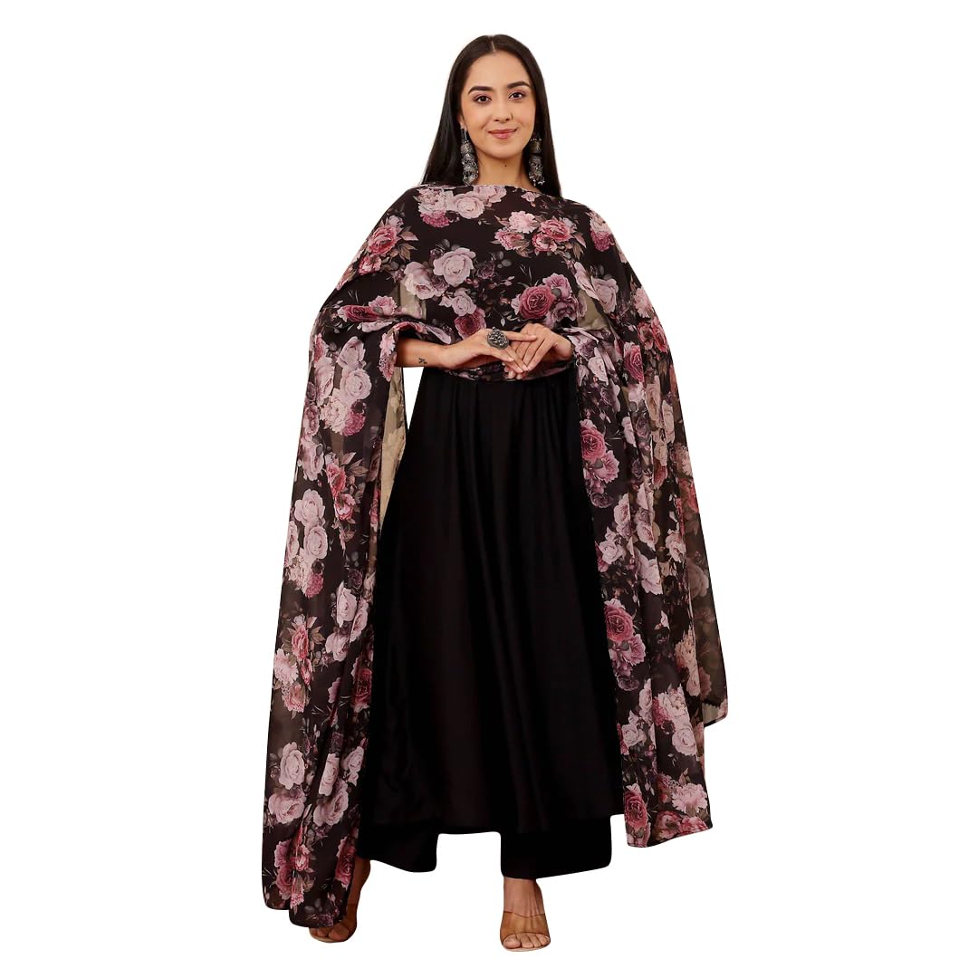 Toochki WomenS Rayon Viscose Anarkali Kurta With Palazzo & Floral Printed Dupatta Black