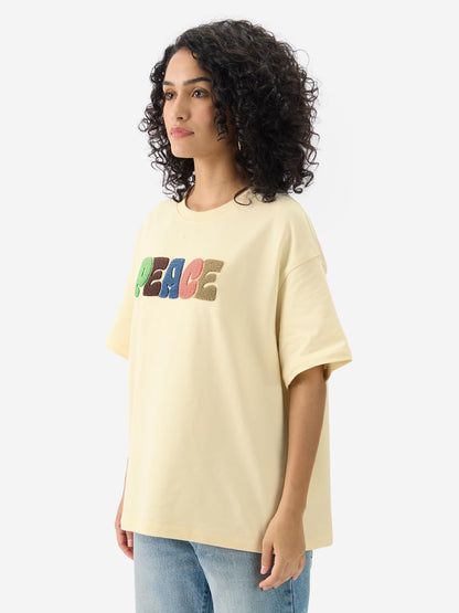 The Souled Store Peace Women and Girls Short Sleeve Round Neck Off White Towel Patch Embellished Cotton Oversized T-Shirts