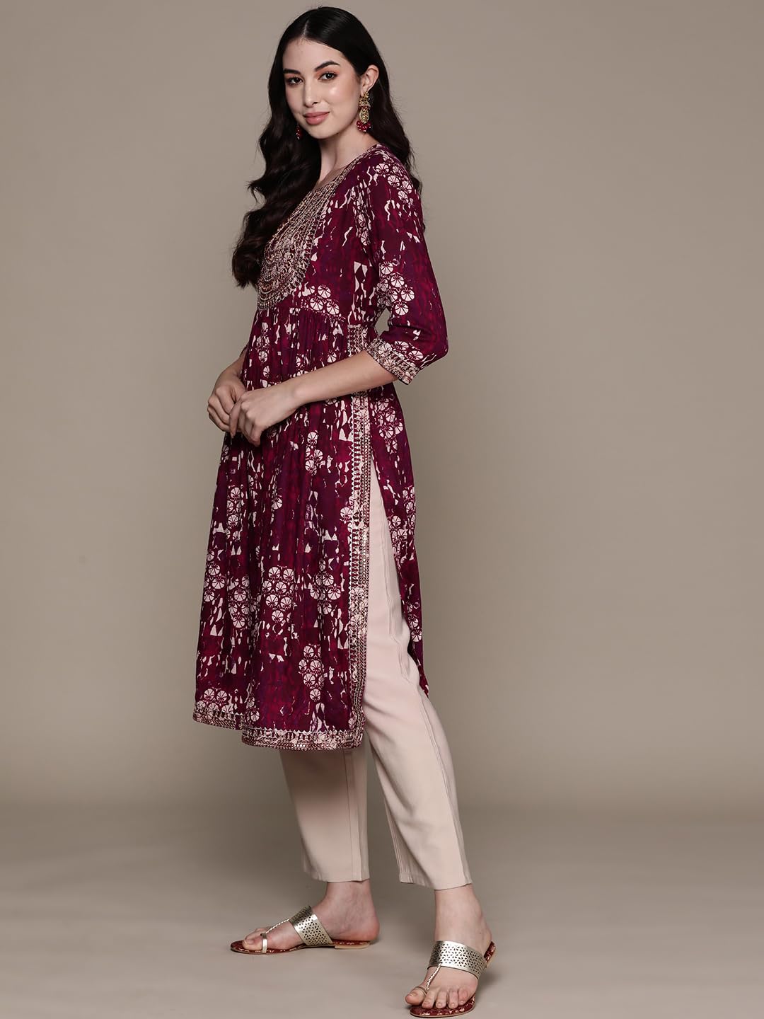 ishin Women's Viscose Rayon Embellished Maroon A-Line Kurta