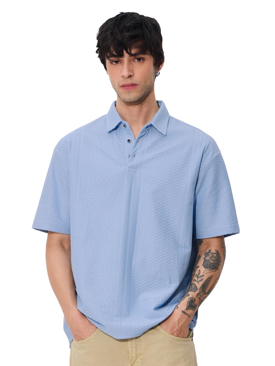 The Souled Store Textured Polo: Aqua Men and Boys Short Sleeves Collared Neck Cotton Blend Oversized Polos