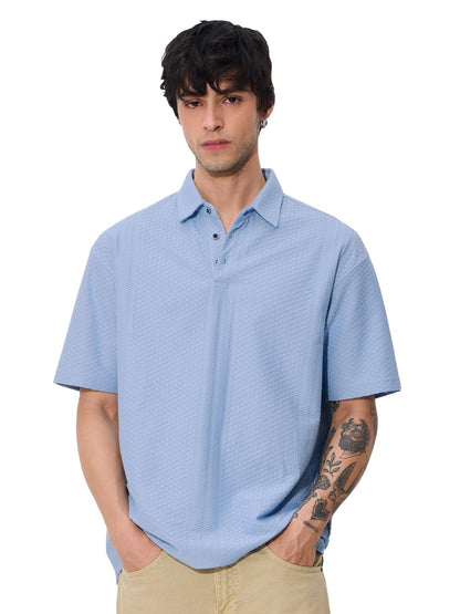 The Souled Store Textured Polo: Aqua Men and Boys Short Sleeves Collared Neck Cotton Blend Oversized Polos