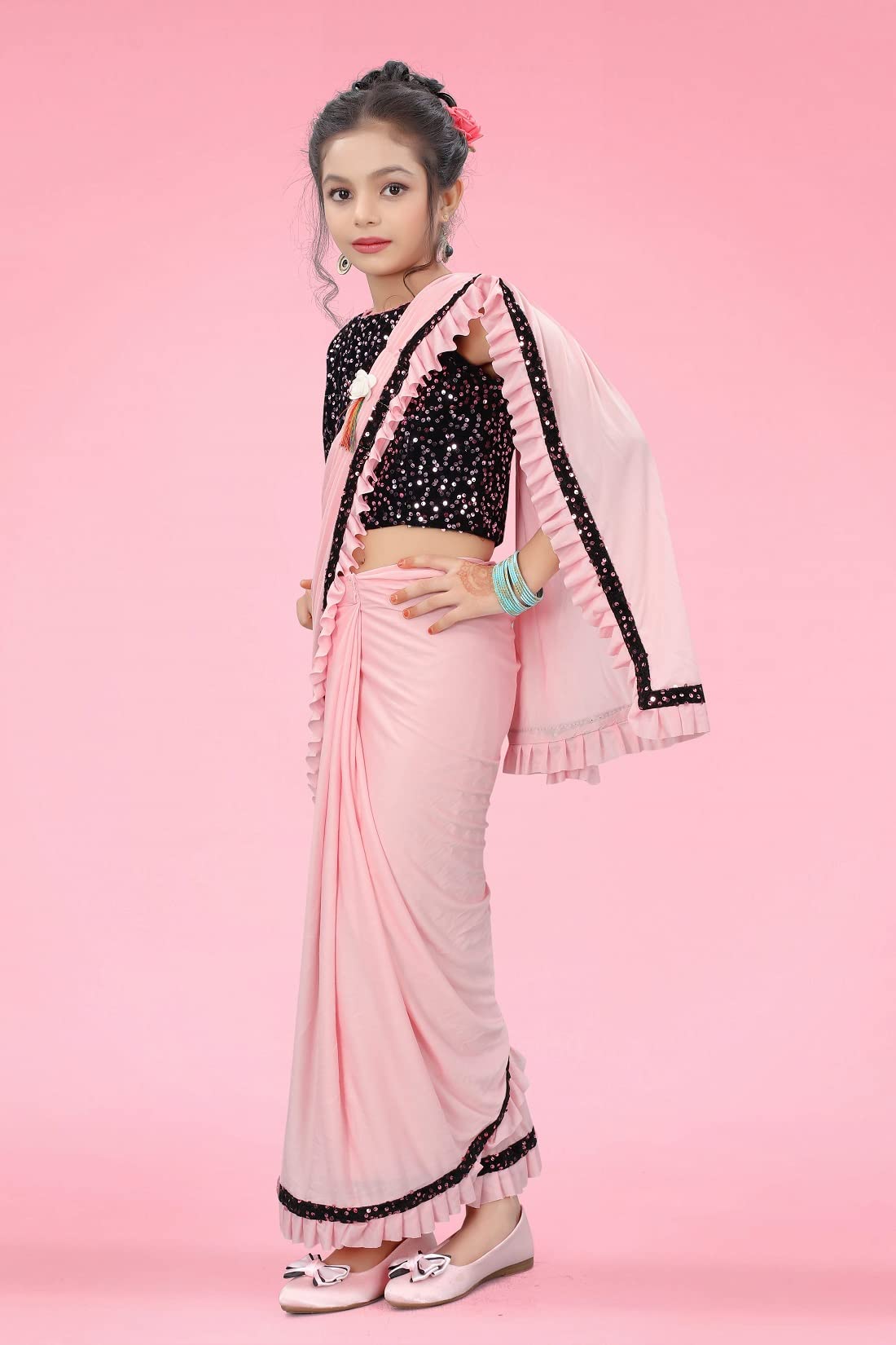 Dhyey Fashion GirlS Lycra Blend Ruffle Saree And Velvet Unstitched Blouse Piece | Readymade Saree For Girls | Girl Ruffle Baby