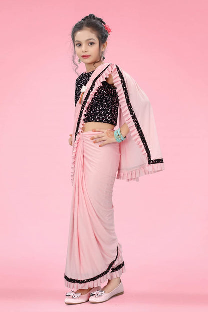 Dhyey Fashion GirlS Lycra Blend Ruffle Saree And Velvet Unstitched Blouse Piece | Readymade Saree For Girls | Girl Ruffle Baby