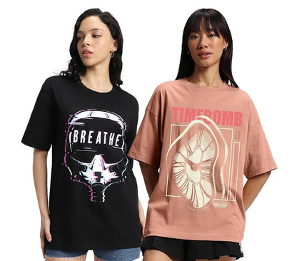 Juneberry Pure 100% Cotton Oversized Loose Baggy Fit Drop Shoulder Latest Aesthetic & Cool Graphic Prinred Half Sleeve T-Shirts