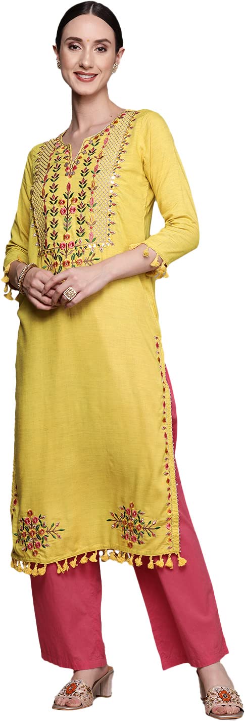 ishin Women's Green Embroidered A-Line Kurta