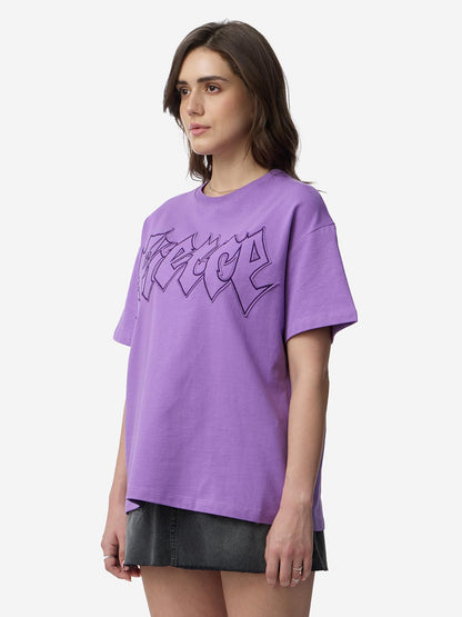 The Souled Store House of Dragon: Fierce Women and Girls Short Sleeves Round Neck Purple Embellished Cotton Oversized T-Shirts