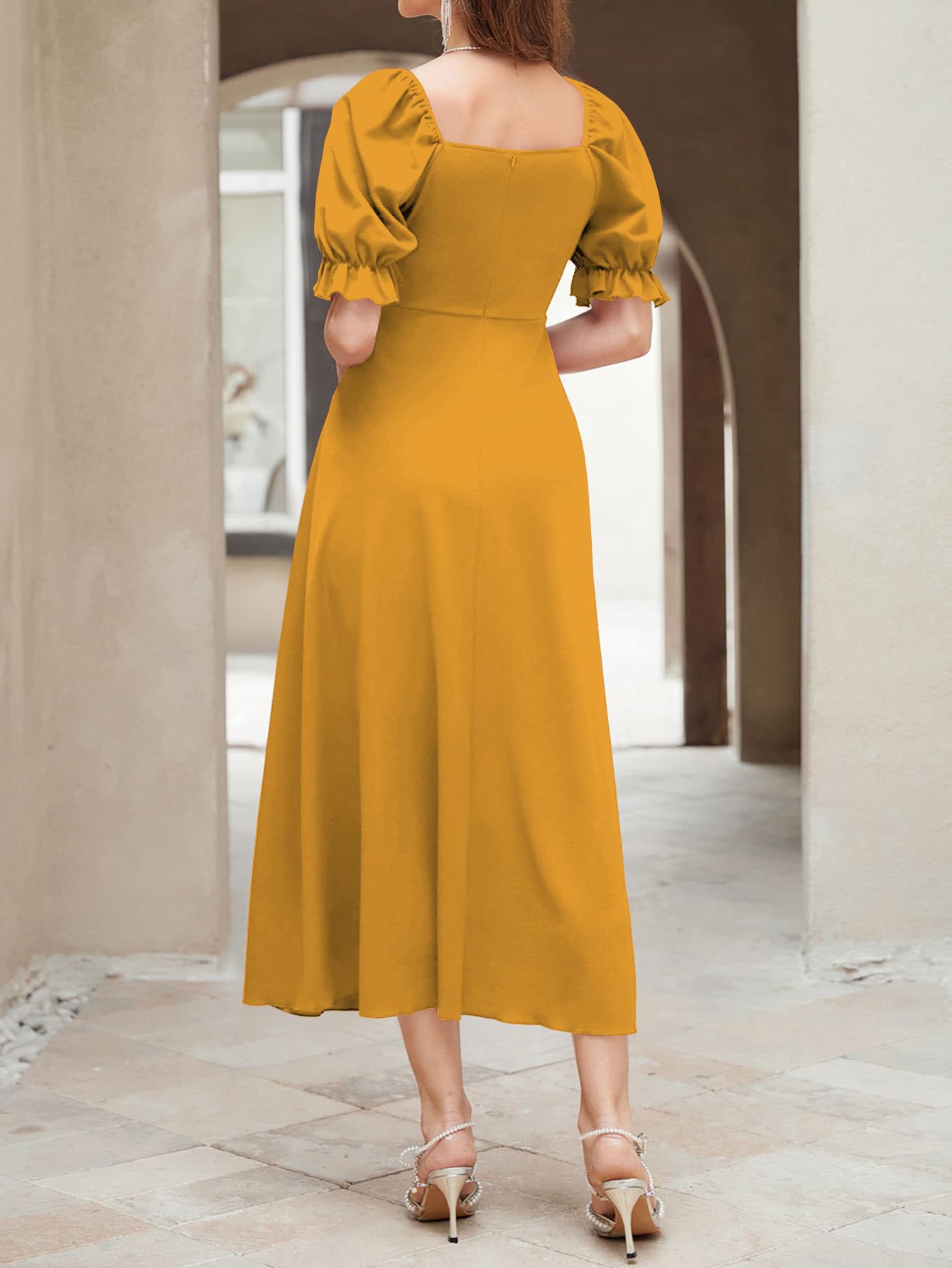 Shasmi GirlS & WomenS Solid Mustard A-Line Ruched Puff Sleeve Maxi Long Evening One Piece Long Dress For Women Stylish (Dress