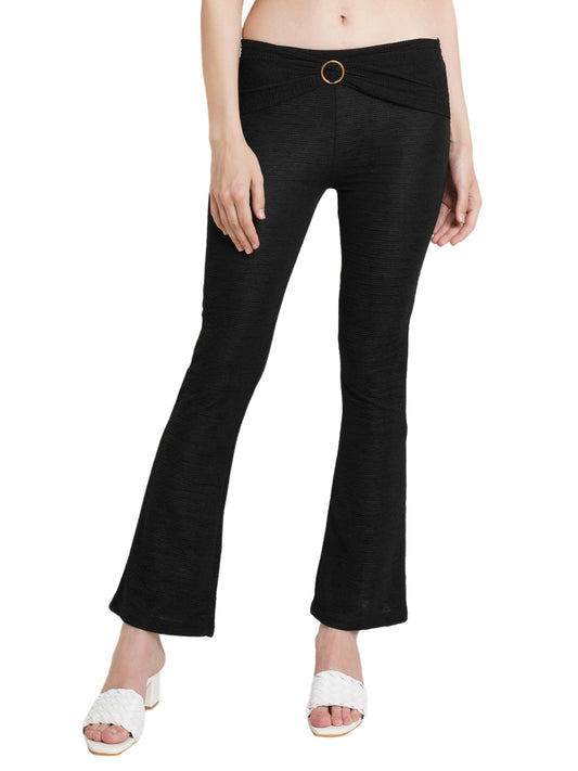 POPWINGS Casual Self Design Crush Bootcut Front Ring Trouser for Women || Pull On Regular Fit Bootcut Women Trouser for Summer |
