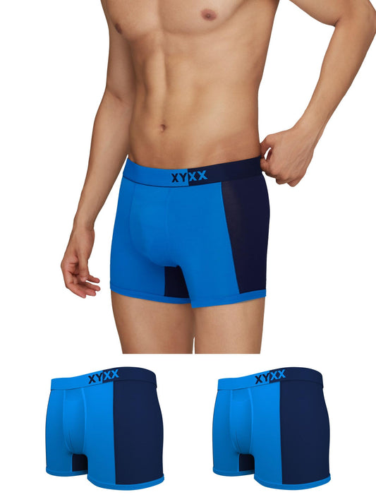 XYXX Mens Underwear Dualist IntelliSoft Antimicrobial Micro Modal Trunk Pack of 3 (Brilliant Blue & Black Iris;Brilliant Blue &