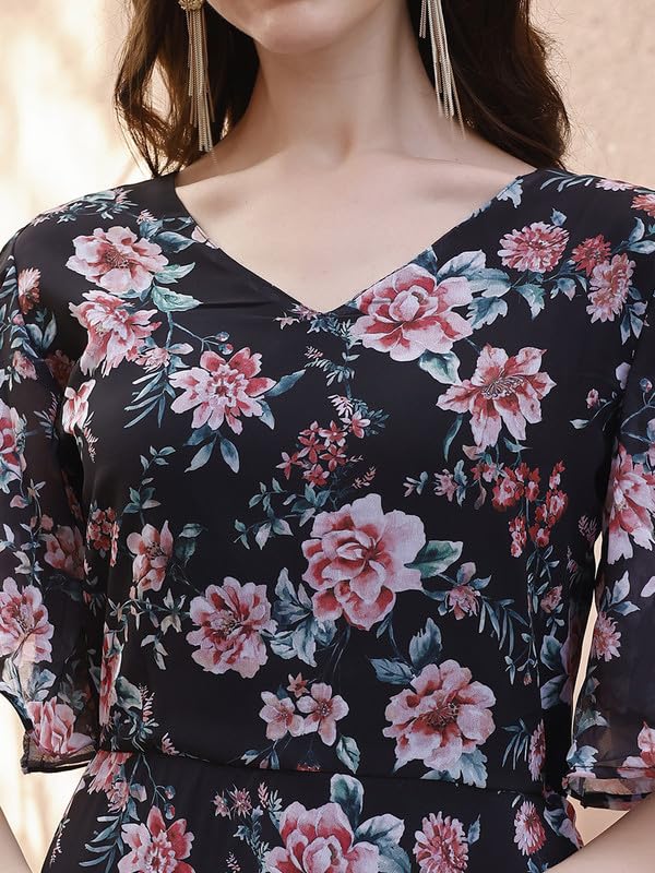 Smowkly WomenS Georgette Floral Printed Indo-Western Ethnic Gown || Half Sleeve V Neck Fit & Flare Flared Hem Design || A-Line