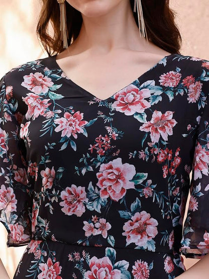 Smowkly WomenS Georgette Floral Printed Indo-Western Ethnic Gown || Half Sleeve V Neck Fit & Flare Flared Hem Design || A-Line