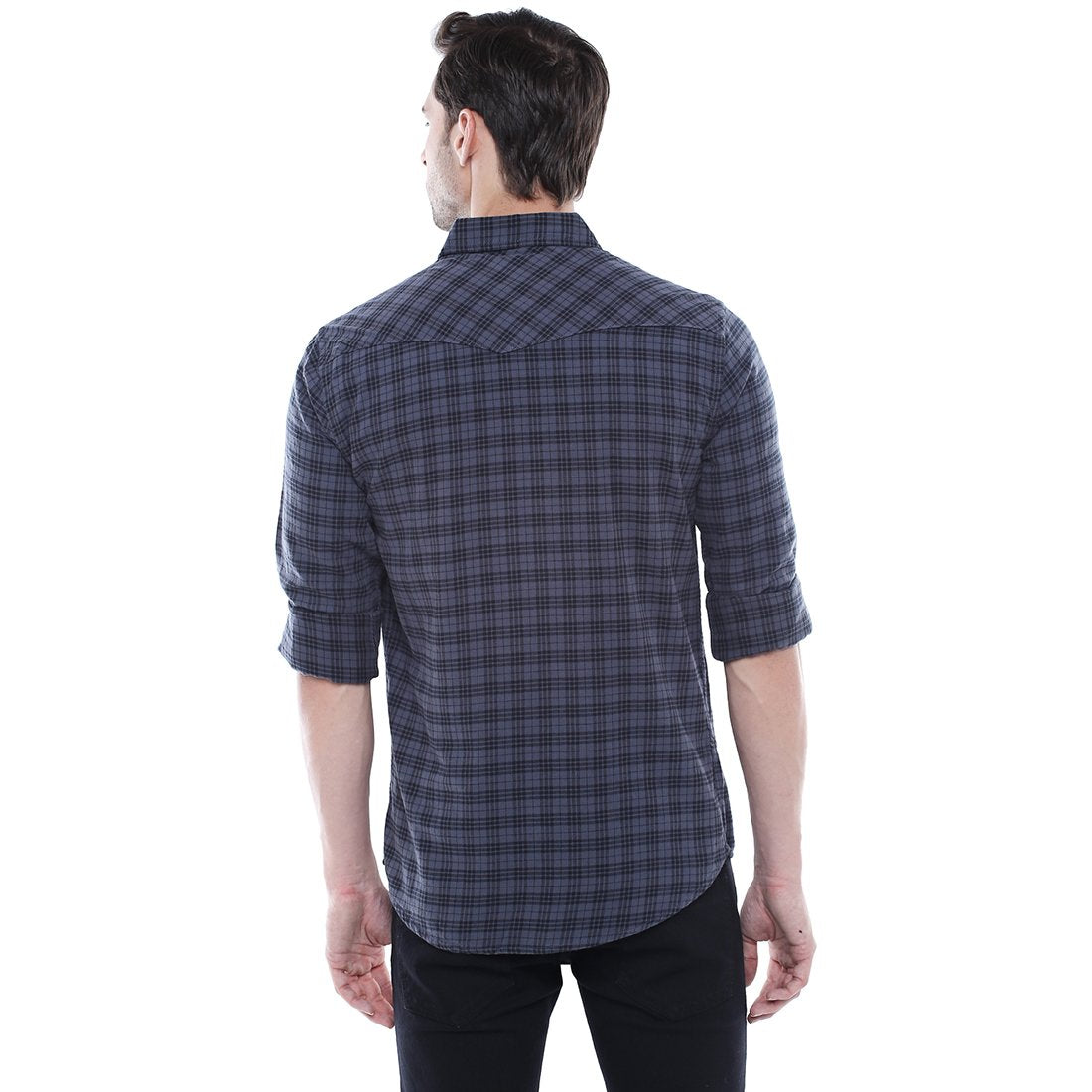 Dennis Lingo MenS Grey Checks Slim Fit Cotton Spread Collar Full Sleeves Casual Shirt With Flap Pockets