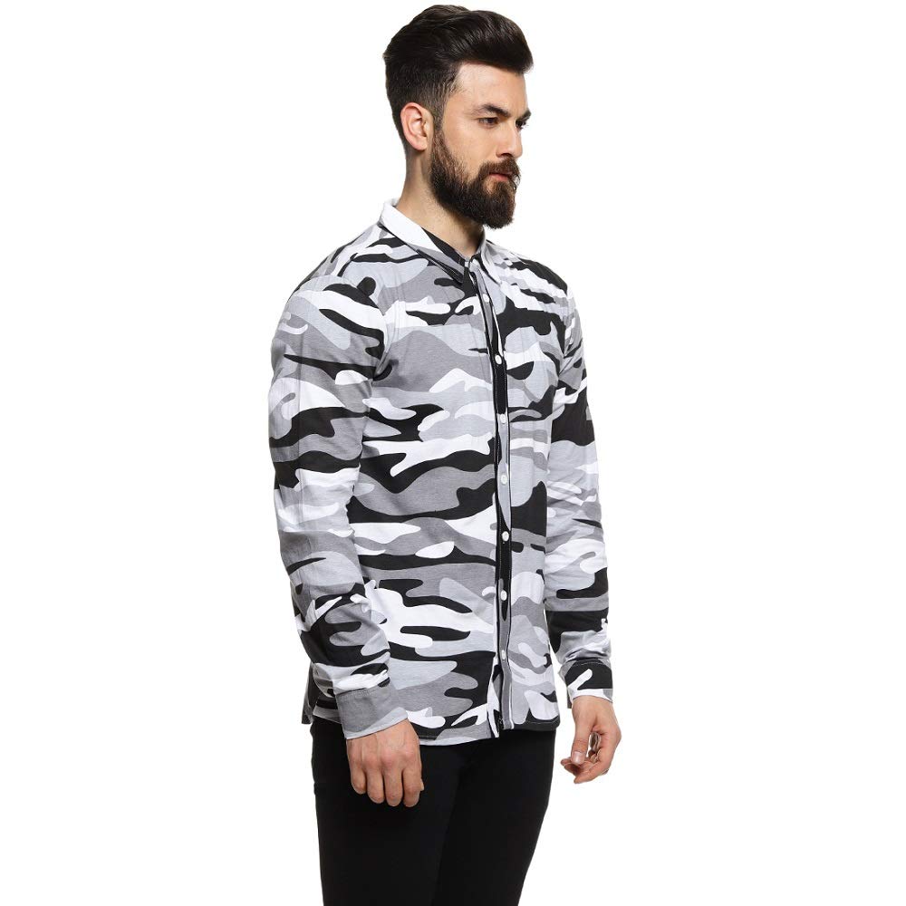 Campus Sutra Mens Grey Camouflage Printed Button Up Shirt Regular Fit for Casual Wear | Structured Shirt Crafted with Regular F
