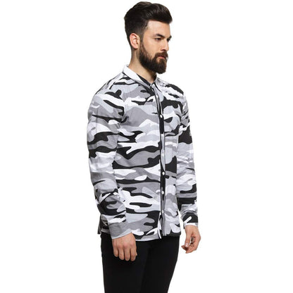 Campus Sutra Mens Grey Camouflage Printed Button Up Shirt Regular Fit for Casual Wear | Structured Shirt Crafted with Regular F