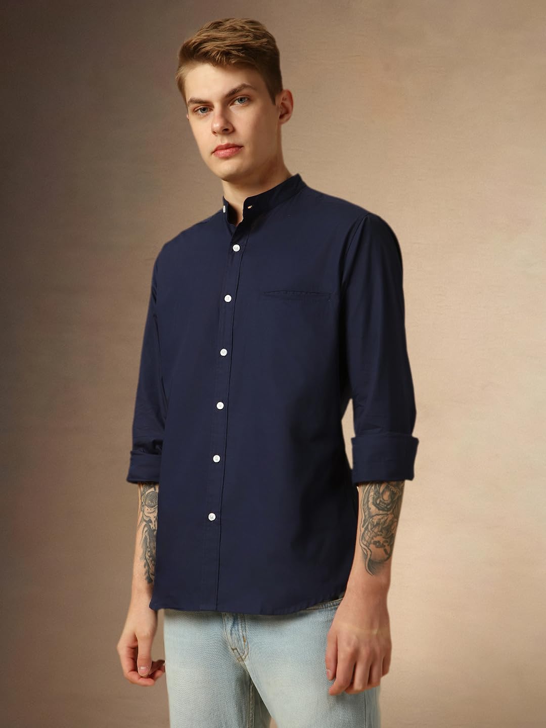 Dennis Lingo MenS Navy Blue Full Sleeve Mandarin Collar Solid Regular Fit Casual Shirt