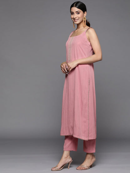 Varanga Women Mauve Straight Kurta With Tonal Bottom And Dupatta, Lace And Gotta Detailing On Yoke, Spaghetti Strap Design