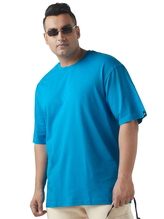 Bewakoof Plus Mens Solid Oversized Fit Half Sleeve Round Neck Cotton Plus Size T-Shirt_646818_Blue_3XL