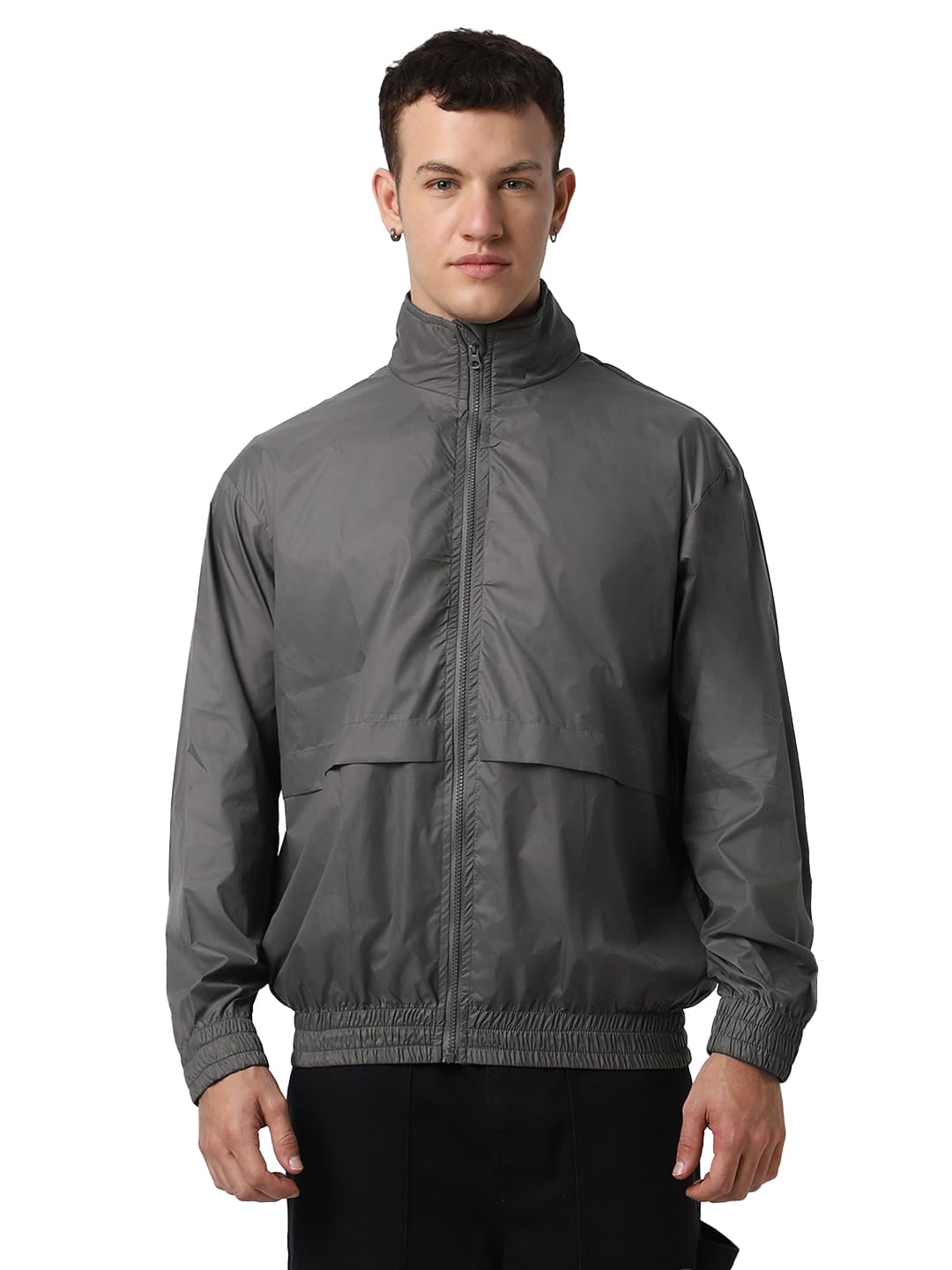 Bewakoof Air 1.0 Mens Solid Oversized Fit Full Sleeve Collared Neck Nylon Windcheater Jacket_ 596236 Grey XL