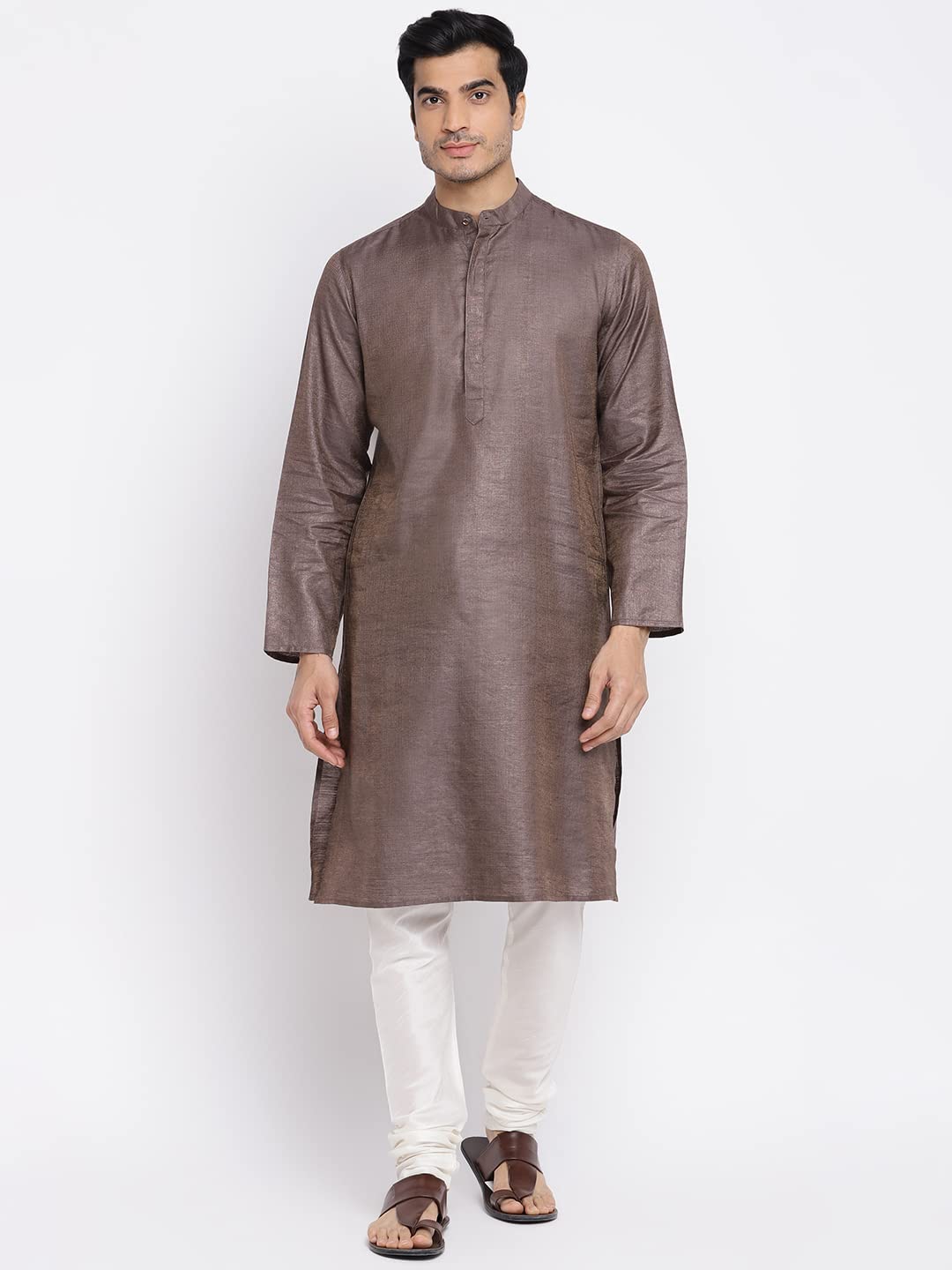 Fabindia Men Silk Blend Slim Fit Long Kurta Brown_XS