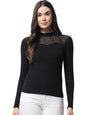 POPWINGS Women Casual Black Ribbed Net Top for Women || Turtle Neck Net Fabric Top for Women || Full Sleeves Tops for Women || L