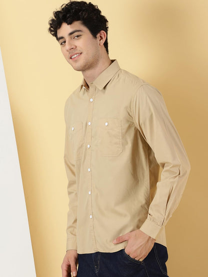 Thomas Scott Mens Beige Smart 100% Cotton Full Sleeves Double Pocket Casual Shirt