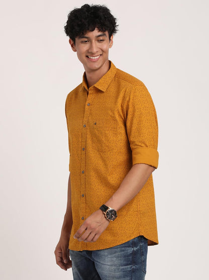 Turtle Men 100% Cotton Slim Fit Mustard Printed Casual Shirt