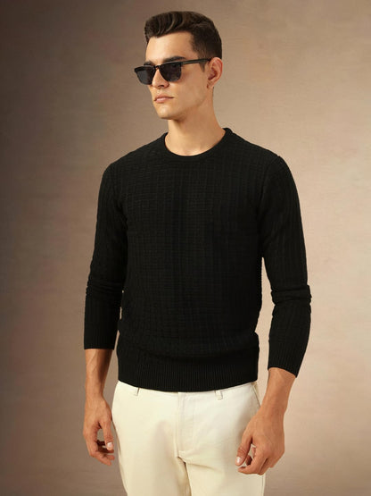 Dennis Lingo Men Regular Fit Acrylic Solid Full-Sleeves Crew Neck Pullover Sweater Black