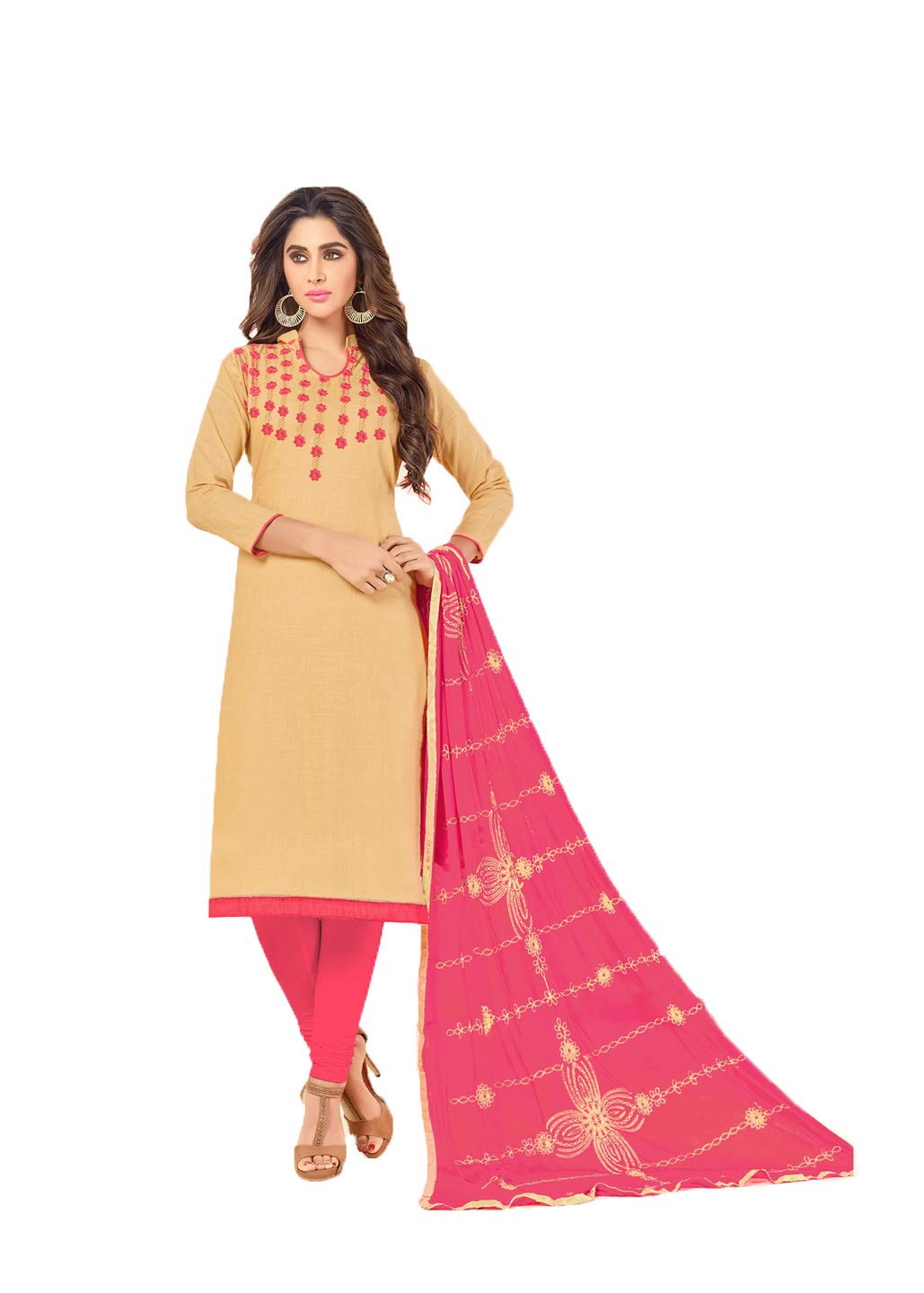 ANNI DESIGNER Womens Beige Color Slub Cotton Embroidered Churidar Dress Material(Dhadak 4011_Beige_Free Size)