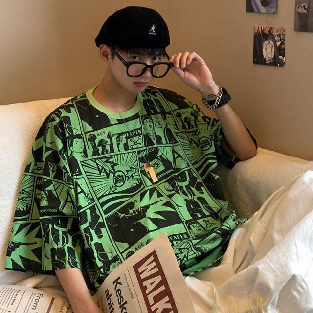 Thalasi Comic All Over Printed Green Anime Oversized T Shirts For Men - Drop Shoulder Loose Fit Cotton T-Shirt - Trending Naruto
