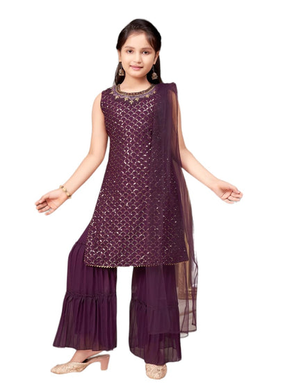 Aarika Girls Ethnic Wear Purple Colour Sequin Embroidery Georgette Kurti Sharara Set (4-10 Years)