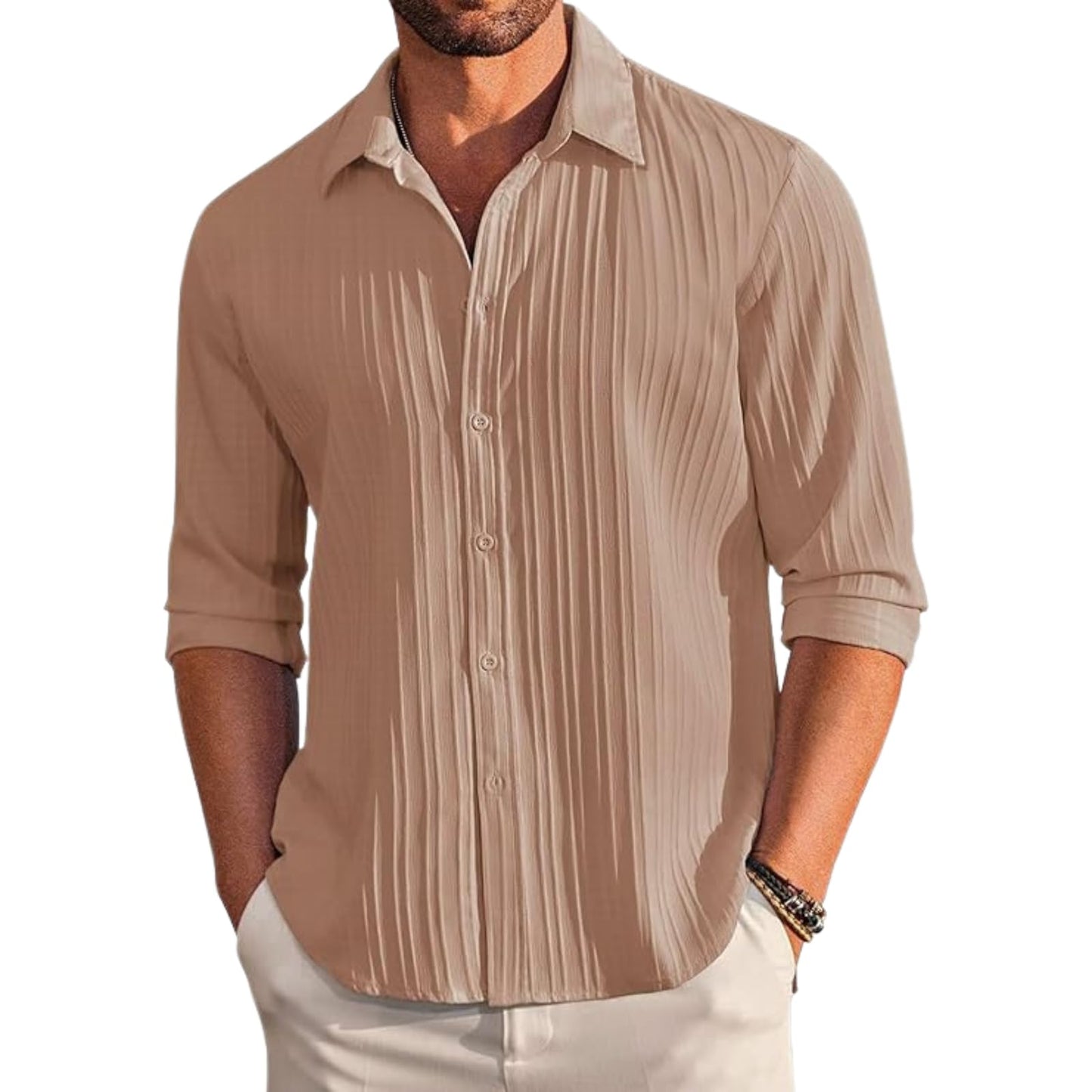 Deelmo MenS Button Down Dress Shirts Textured Long Sleeve Casual Hawaiian Beach Shirt