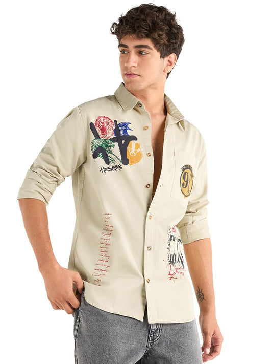 Bewakoof Official Harry Potter Merchandise Mens Graphic Print Regular Fit Full Sleeve Collared Pure Cotton Shirt_662145_Cream_X